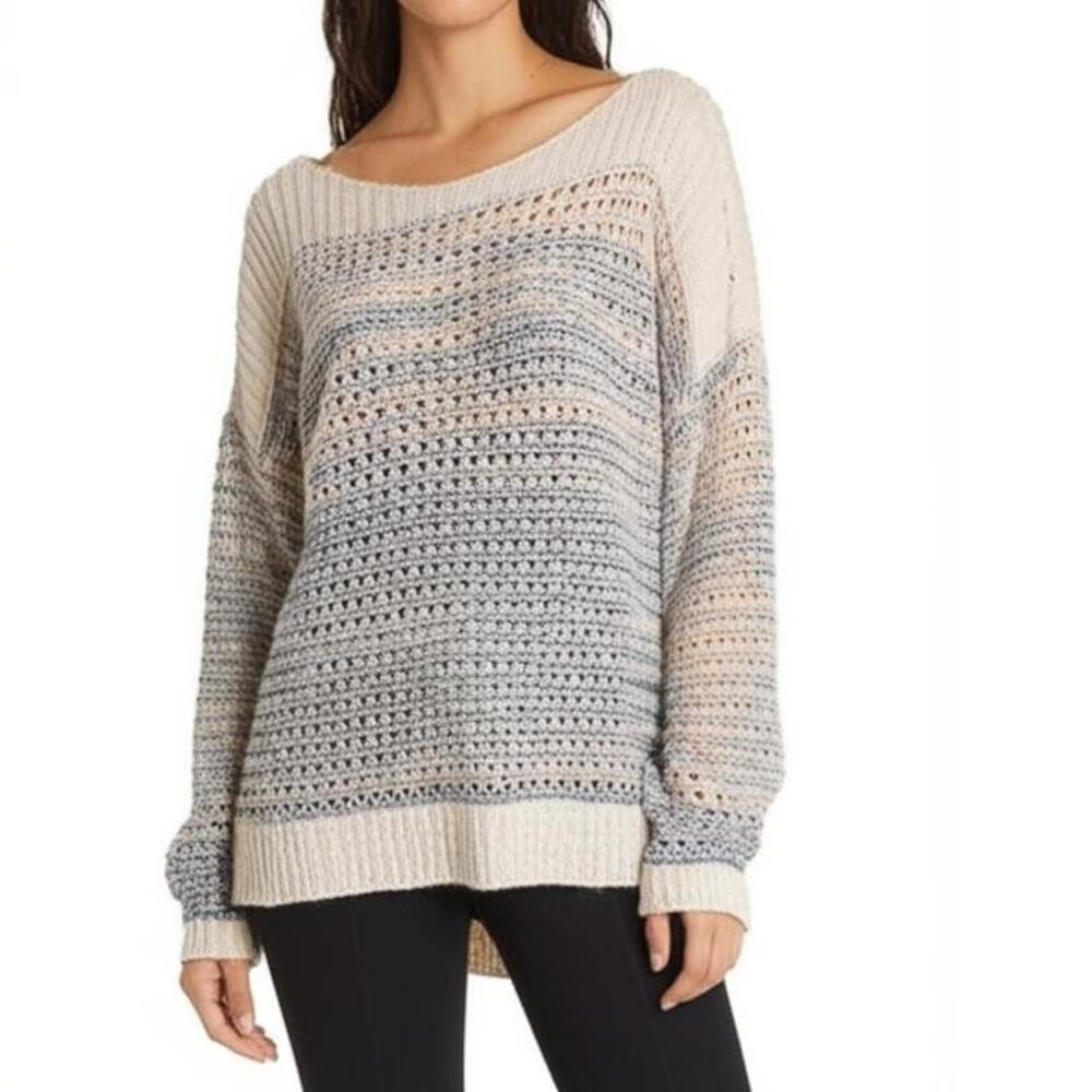 Curio NY Pullover Sweater XL White Stripe‎ Crochet Scoop Neck Long Sleeve Casual